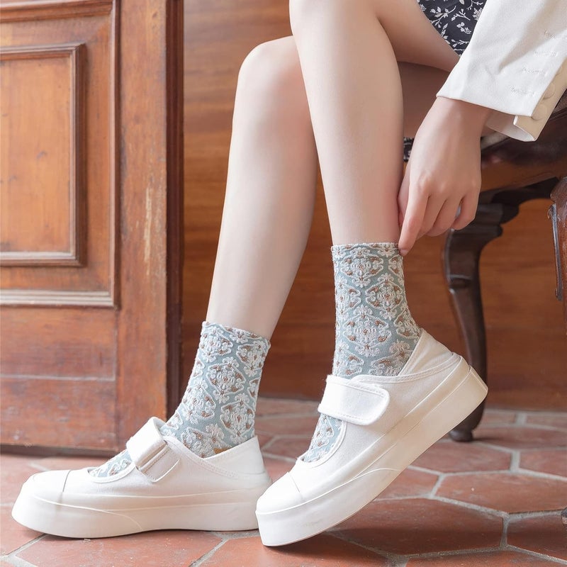 MarJunSep Cute Floral Crew Socks for Women Teen Girls Flower Cottagecore Frilly Vintage Fancy Cotton Socks - Image 3